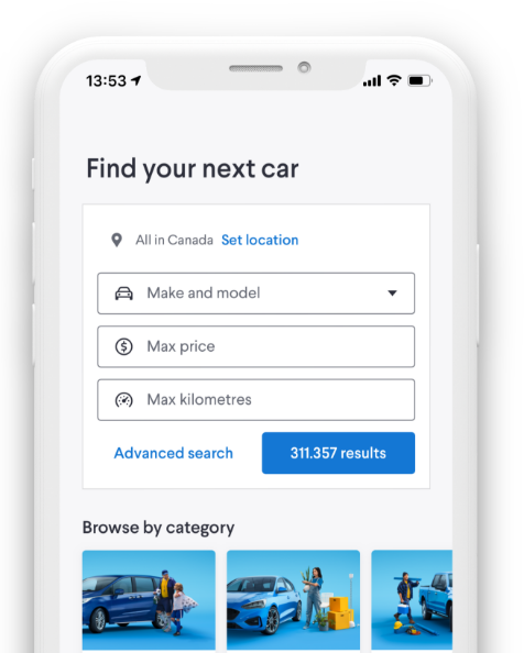 A phone showing the Kijiji Autos Find Your Next Car webpage