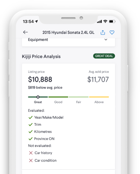 A phone showing the Kijiji Autos Price Analysis webpage