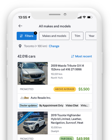 A phone showing the Kijiji Autos Makes and Models webpage