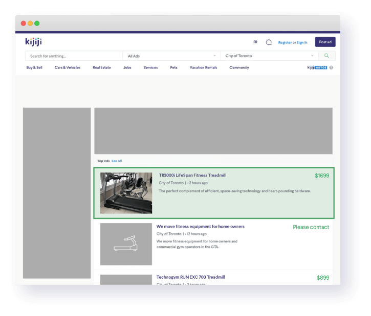A Kijiji retail page highlights the top ads feature