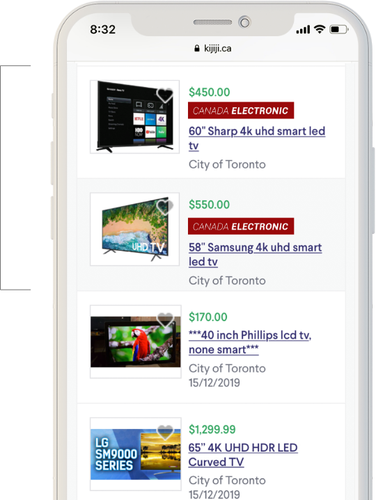 A phone shows a Kijiji webpage featuring different retail listings