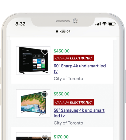 A phone shows a Kijiji webpage featuring different retail listings